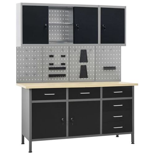 vidaXL Etabli et 4 Panneaux Muraux et 2 Armoires Table de Travail Poste de Travail Rangement Stockage d'Outils Etabli 3053440