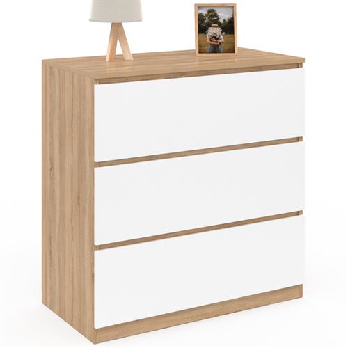 Commode bois façon hêtre et blanc 3 tiroirs 78 cm