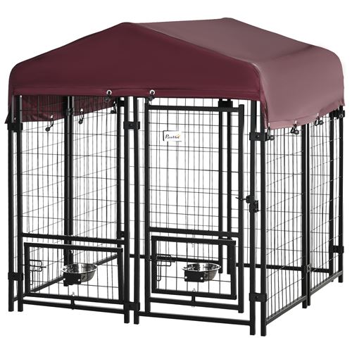 Chenil extérieur pour chien - cage chien - enclos chien - toile toit imperméable anti-UV, porte verrouillable, 2 bols rotatifs - acier noir oxford pourpre