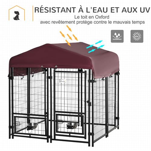 PAWHUT Chenil extérieur chien - cage chien - enclos chien - toile toit  imperméable anti-UV, porte verrouillable, 2 bols rotatifs - acier noir  oxford pourpre pas cher 