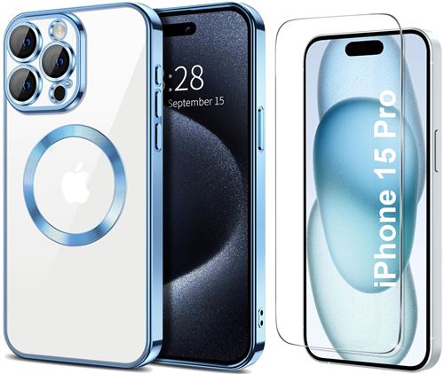 Coque Silicone Pour iPhone 15 Pro Couleur Bleu Compatible Magsafe + Verre Trempe Protection Ecran Little Boutik®