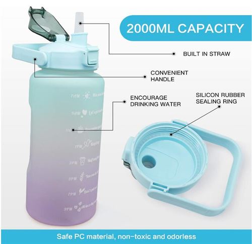 Bouteille d'eau 2L avec paille et marqueurs de temps de motivation, sans  BPA, grande