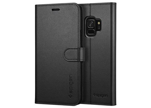 Spigen Wallet S - Flip cover voor mobiele telefoon - synthetisch leer, polycarbonaat - zwart - voor Samsung Galaxy S9
