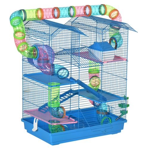 Cage pour hamster souris petits animaux rongeur avec tunnel mangeoire roue jouet 47 x 30 x 59 cm cm bleu