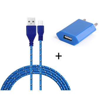 Pack Chargeur pour Manette Playstation 4 PS4 Smartphone Micro-USB (Cable Tresse 3m Chargeur + Prise Secteur USB) Murale Android (BLEU) - 1
