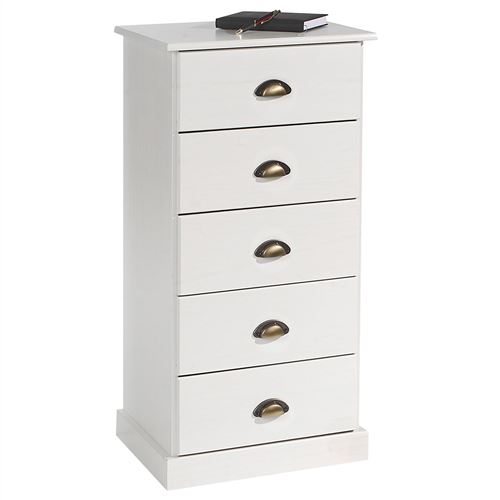 Chiffonnier PARIS en pin massif, 5 tiroirs, lasuré blanc