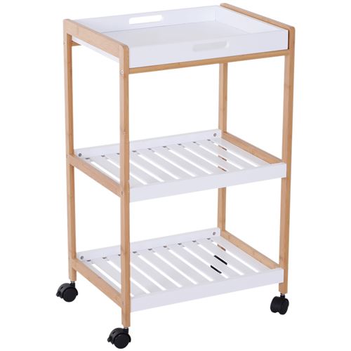 Homcom Blanc Chariot De Service Desserte De Cuisine À Roulettes 2 Étagères + Plateau Amovible Bois De Pin Mdf