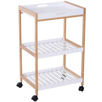 Chariot de service desserte de cuisine à roulettes 2 étagères + plateau amovible bois de pin MDF blanc - 1