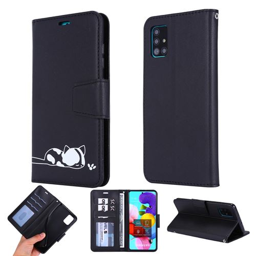 Etui en PU motif de chat empreinte noir pour votre Samsung Galaxy A51 SM-A515
