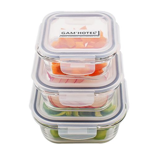 Lot de 3 boîtes carré hermétiques en verre avec couvercle Gam'Hotel Qualité Pro