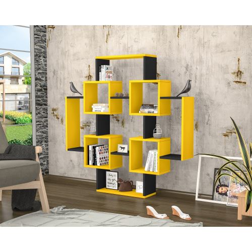 HOMEMANIA Bibliothèque Gant avec Étagères, Meuble de Rangement - pour Salon - Jaune, Noir en Bois, 123,6 x 22 x 123,6 cm