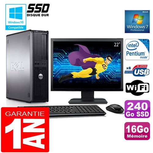 PC Dell 780 Dt Intel E5300 Ram 16Go Disque 240 Go SSD WiFi W7 Ecran 22'