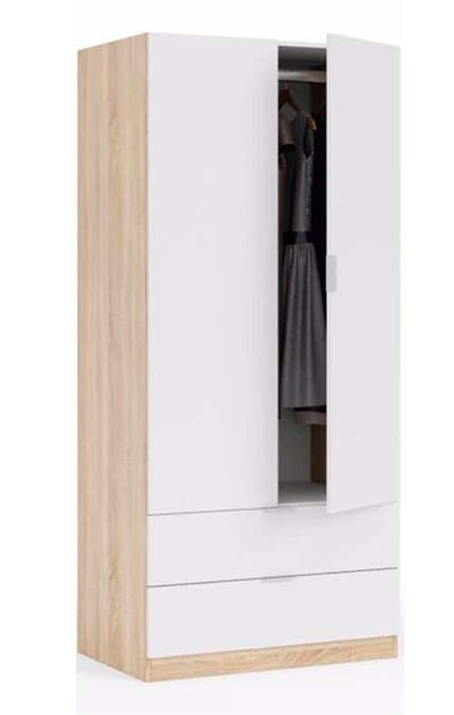 Armoire avec 2 portes 2 tiroirs Coloris chene et blanc - Dim : L 81 x H 180 x P 52 cm -PEGANE-