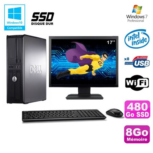 PC Dell Optiplex 780 Dt Intel E8400 3Ghz 8Go 480Go SSD WiFi W7 Ecran 17'