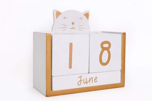 Bloc Calendrier Perpétuel Chat en Bois Blanc