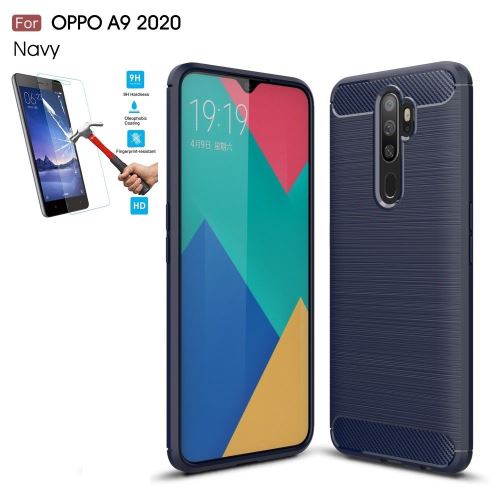 Coque Oppo A9 2020 / A11x Carbone Bleu Avec Film Verre Trempé Housse Etui En Silicone Gel Souple hfs-house®