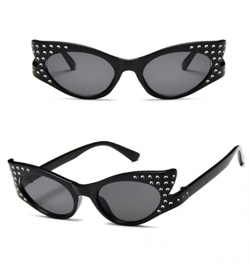 lunette de soleil femme cat eyes noire branche basse strass pin up rockabilly