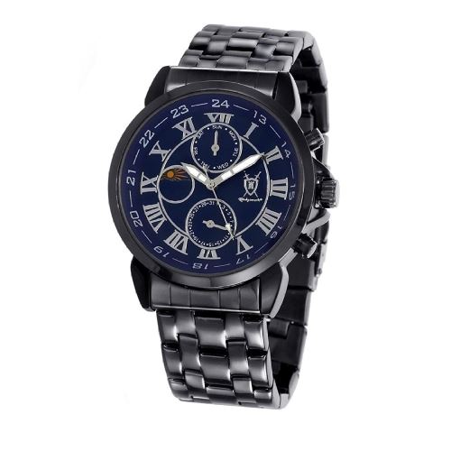 Montre pour Hommes Bracelet Noir Cadran Bleu Chiffres Romains Jour Date Affichage Solaire Lunaire Konigswerk AQ202465-1G
