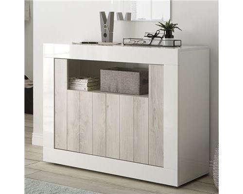 Bahut 110 cm couleur pin et blanc laqué moderne SERENA 3 - Blanc - L 110 x P 42 x H 86 cm
