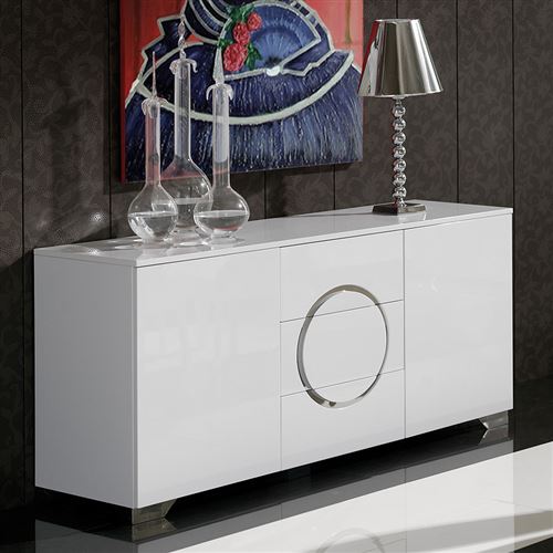 Buffet bahut blanc laqué 2 portes 3 tiroirs design BISHOP - Blanc - L 160 x P 50 x H 78 cm