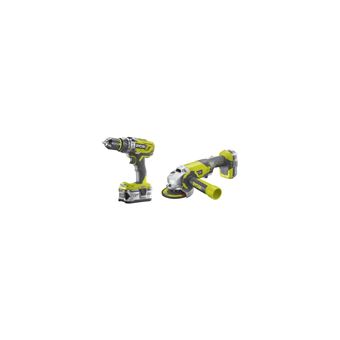 RYOBI Pack 18 V : Perceuse a percussion + meuleuse 115mm - 2 batteries 1 x 2,0 Ah et 1 x 4,0 Ah - 1