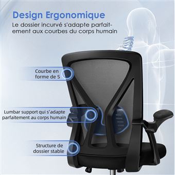 Chaise De Bureau Ergonomique GGCIR - Hauteur Réglable, Accoudoirs Rabattables, Pivot 360°, Charge 150kg - Noir