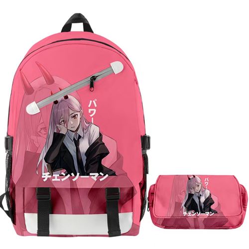 Lot de 2 pièces Sac à Dos, Trousse à crayon Chainsaw Man pour Garçon et Filles (SD3569) Rose