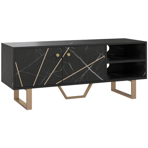 Meuble TV design m&eacute;tal dor&eacute; aspect marbre noir