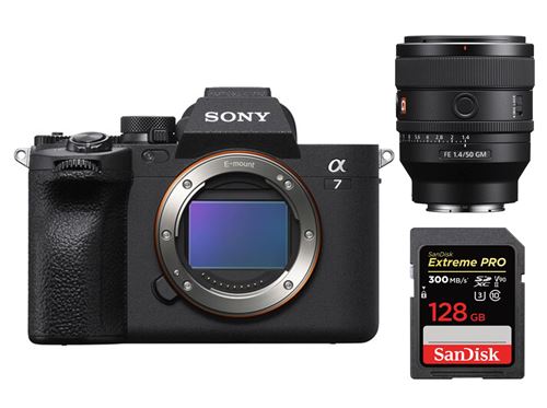 Boîtier Noir Sony Alpha A7 Mark IV FE 50 mm f1.4 GM + SanDisk 128GB Extreme PRO UHS-II SDXC 300 MB/s