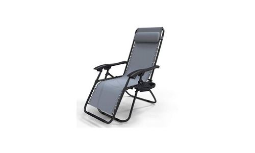 Chaise longue inclinable en textilene avec porte gobelet et portable gris