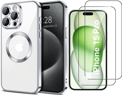 Coque Silicone Pour iPhone 15 Pro Couleur Argent Compatible Magsafe + 2 Verres Trempe Protection Ecran Little Boutik®