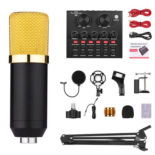 70€12 sur Kit de Microphone à condensateur d'enregistrement de studio  professionnelle Micro tête plate avec carte son externe-Noir + Or -  Microphone - Achat & prix