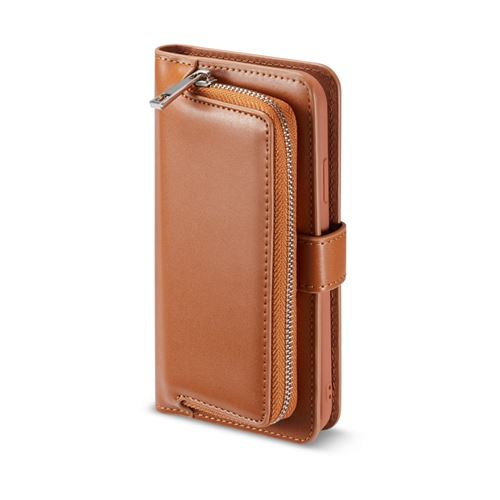 Etui en PU amovible 2-en-1 avec fermeture à glissière marron pour votre Apple iPhone XR