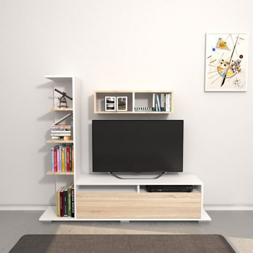 HOMEMANIA Meuble TV Argo - avec Bibliothèque Intégrée, Étagère, Compartiments - pour Salon - Blanc, Sonoma en Bois, 150 x 28,5 x 125 cm