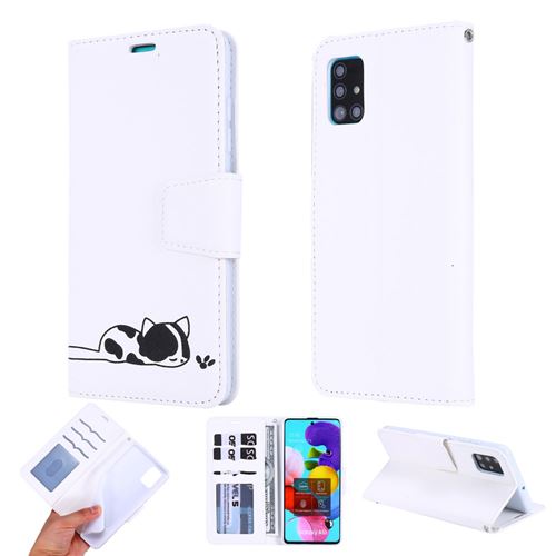 Etui en PU motif de chat empreinte blanc pour votre Samsung Galaxy A51 SM-A515