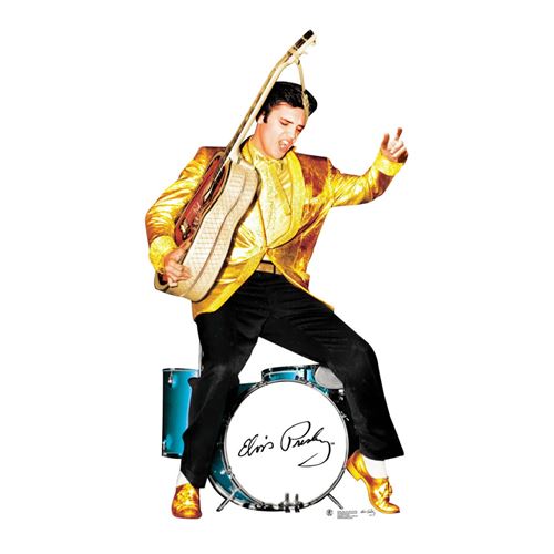 GENERIQUE Figurine en carton ELVIS avec chaussures et veste dor&eacute;e et guitare et batterire 185 cm