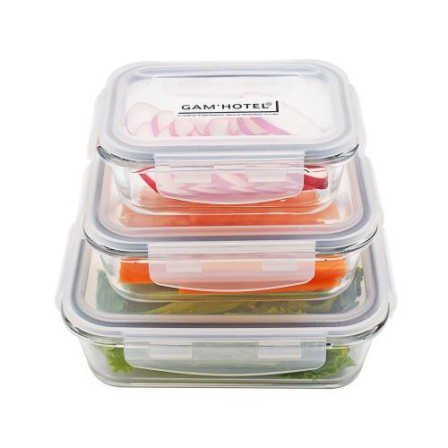 Lot de 3 boîtes rectangulaires hermétiques en verre avec couvercle Gam'Hotel Qualité Pro