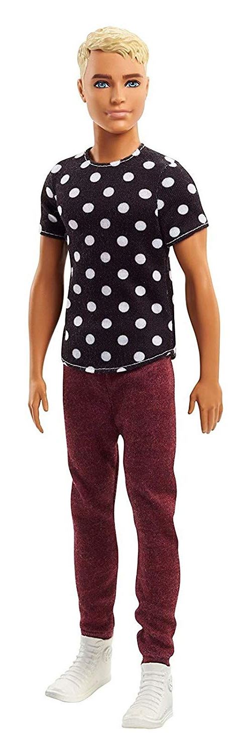 Barbie Fashionistas poupée mannequin Ken #14 blond avec t-shirt noir à pois, pantalon rouge et chaussures blanches, jouet pour enfant, FJF72