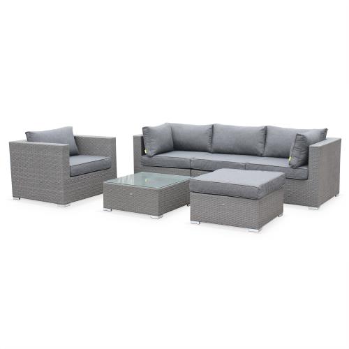 Salon de jardin en résine tressée - Caligari - Gris Coussins Gris - 5 places - 1 fauteuil 1 fauteuil sans accoudoir 1 pouf 2 fauteuils d'angle une table basse