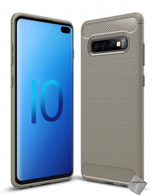 Housse etui coque silicone gel carbone pour Samsung Galaxy S10+ Plus + verre trempe - GRIS - htdmobiles