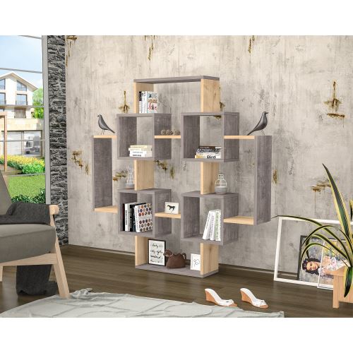 HOMEMANIA Bibliothèque Gant avec Étagères, Meuble de Rangement - pour Salon - Gris, Chêne en Bois, 123,6 x 22 x 123,6 cm