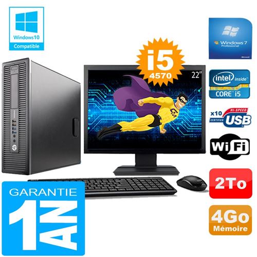 Pc hp elitedesk 800 g1 sff core i5-4570 4go disque 2 to wifi w7 ecran 22'