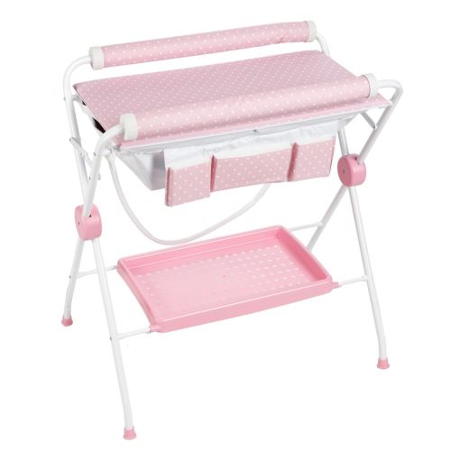 Baignoire et table à langer sur pied pliant 2 en 1 Rose motif pois