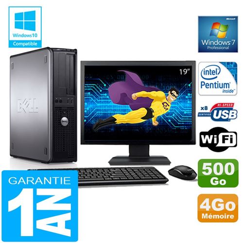 PC Dell 780 Dt Intel E5300 Ram 4Go Disque 500 Go WiFi W7 Ecran 19'