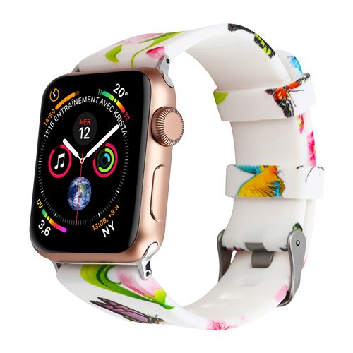 Bracelet Apple Watch 42 et 44 mm Motif Fleurs et Papillons en Silicone