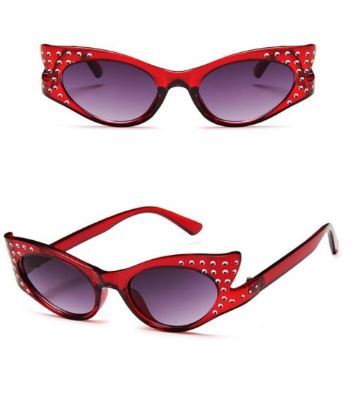 lunette de soleil femme cat eyes rouge branche basse strass pin up rockabilly