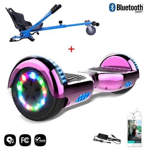 Cool&Fun Hoverboard 6.5 Pouces, Gyropode avec Bluetooth et Pneu à LED de couleur Rose Chromé + Hoverkart Bleu - Kit Kart