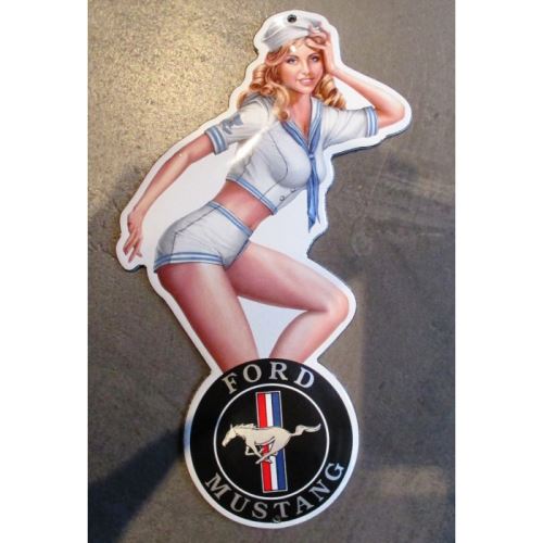mini plaque emaillée pin up en habit de marin logo ford mustang noirtole email deco garage