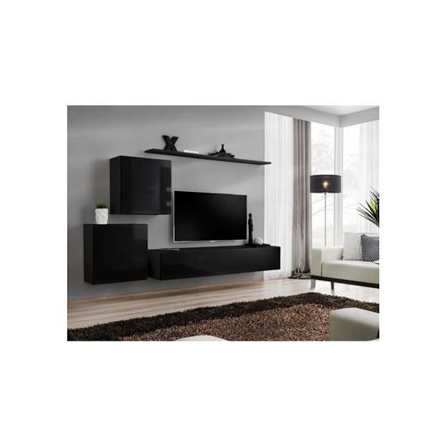 Ensemble meuble salon mural SWITCH V design, coloris noir brillant.