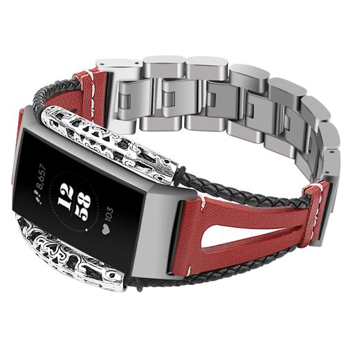 Bracelet en acier inoxydable et cuir élégant pour Fitbit Charge3 / Charge4 - Rouge (Taille S)
